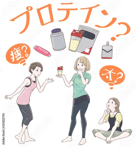 Obraz プロテインについてフィットネスジムでおしゃべりする女性達