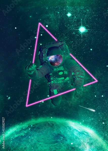 Fototapeta Abstract futuristic space scene with astronaut, stars and planets. Neon glowing lights