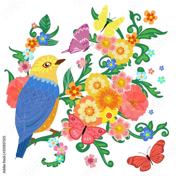 Fototapeta colorful invitation card with happy bird sitting on flowering br