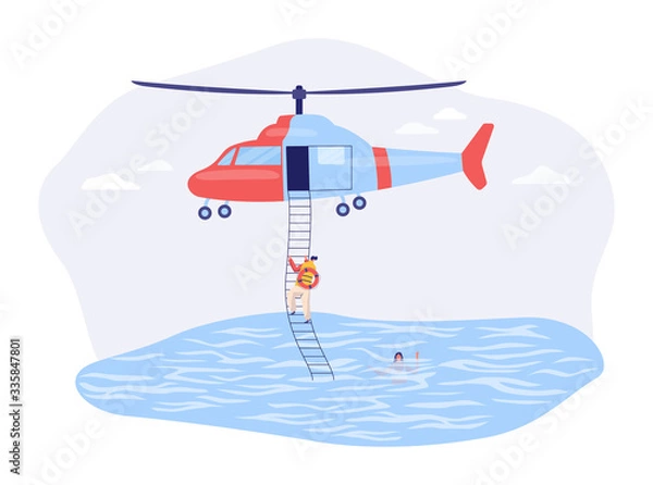 Fototapeta Emergency service police, ambulance, firefighters and rescue vector illustration. Dangerous job in protection and security services, professionals and volunteers cartoon character. Emergency concept