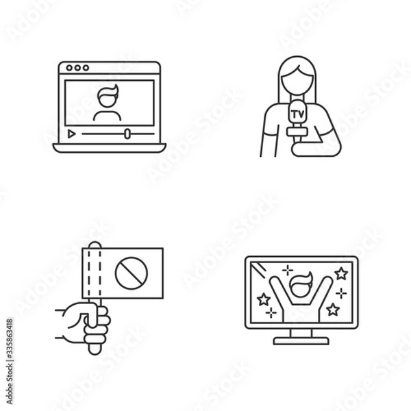 Fototapeta Broadcasting pixel perfect linear icons set. Watch vlog on laptop. Journalist broadcasting news. Customizable thin line contour symbols. Isolated vector outline illustrations. Editable stroke