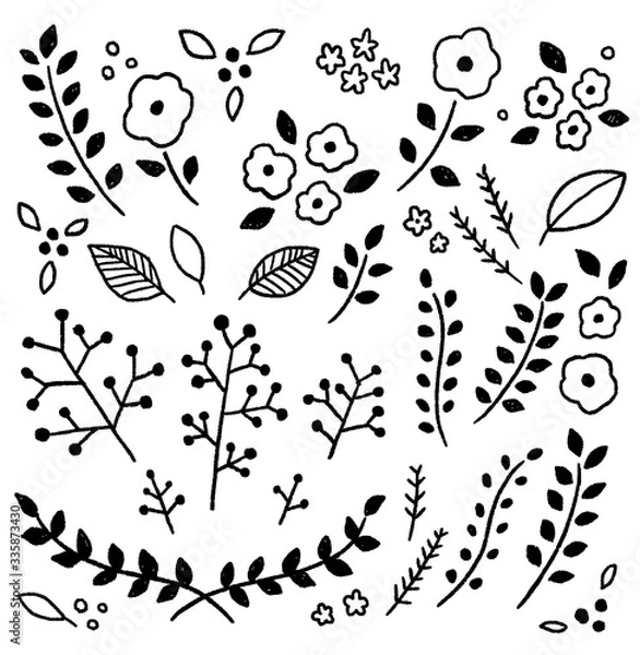 Obraz 
手書きの植物　お花　モノクロ