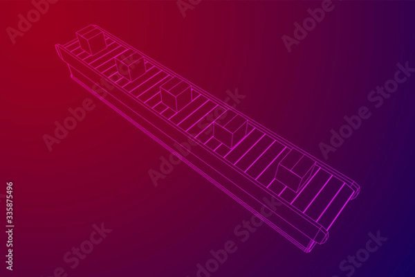 Fototapeta Conveyor belt section with pack boxes. Factory production equipment. Wireframe low poly mesh vector illustration
