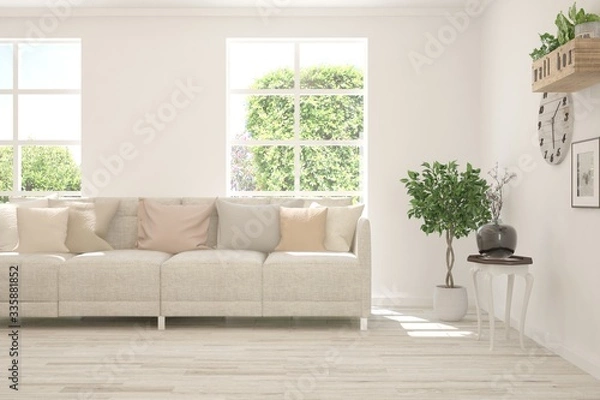 Fototapeta White living room with sofa and summer landscape in window. Scandinavian interior design. 3D illustration