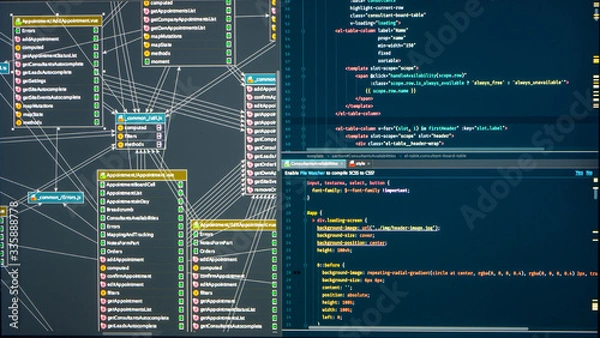 Obraz Relational database table for web app. Technology background. Back-end project architecture development. Programmer workflow