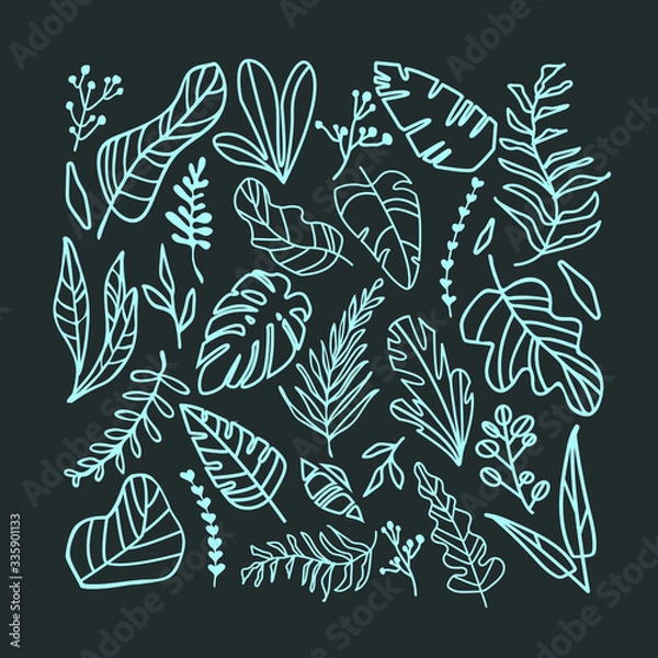 Obraz Vector set with linear blue tropical leaves on the dark background. Scandinavian style, doodle, handraw. All elements are isolated. Flat design, web banners, eco concept, covers greeting cards package