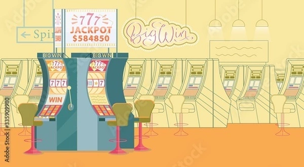 Obraz Large Game Hall with Slot Machine and Bright Sign.