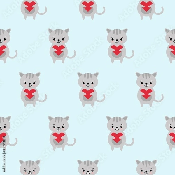 Obraz Seamless pattern with cute funny kawaii cartoon cats with hearts. Vector seamless texture for wallpapers, pattern fills, web page backgrounds
