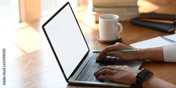 Fototapeta Cropped image of beautiful woman using a computer laptop with white blank screen while sitting at the white working desk over comfortable living room as background.