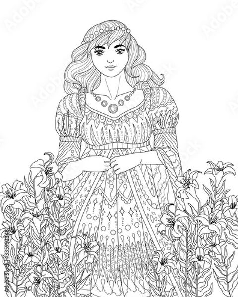 Obraz Coloring book for adults with beautiful medieval lady