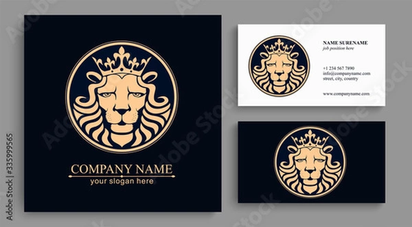 Fototapeta Lion logo. Lion head with crown - vector illustration, emblem design. Universal company symbol. Heraldic premium logo icon sign.