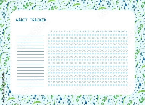 Fototapeta Habit tracker for month flat vector template. .Spring blue wild flowers themed blank, personal organizer with decorative frame. Summer season floral border with stylized lettering
