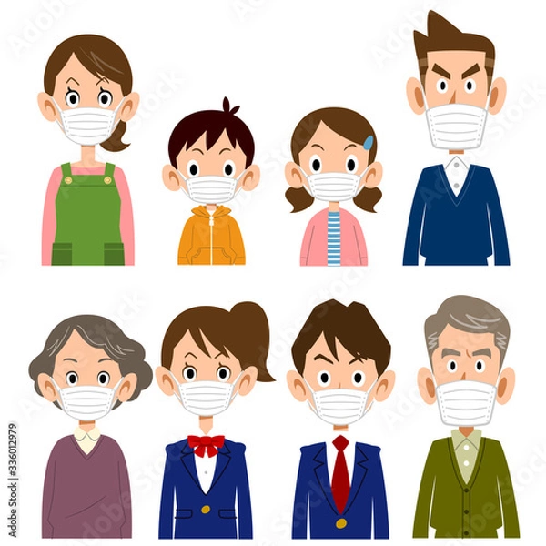 Fototapeta マスクをつけた家族の怒り顔　上半身
