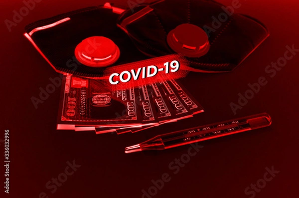 Fototapeta respirators, dollars and thermometer in red-black spector