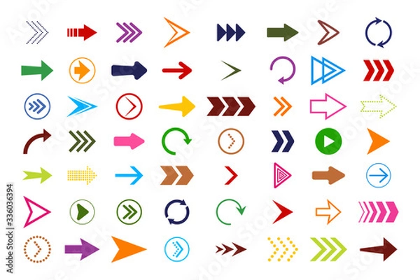 Fototapeta Arrow icons. Flat buttons navigation. Red, blue, pink, green, purple, yellow colors of arrows website. Modern symbols of previous, right, undo, left, down, forward for app. Collection shapes. Vector