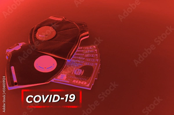 Fototapeta respirators, dollars and thermometer in red-black spector