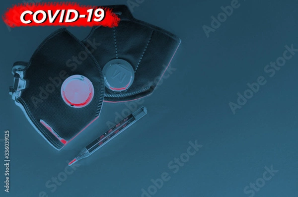 Fototapeta respirators, dollars and thermometer in red-blue spector