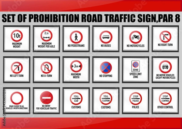 Fototapeta Set of warning, notification, mandatory, prohibition, priority road traffic sign for education, learning for driving license courses. Max weight, no turn, pakring, stopping. stop control