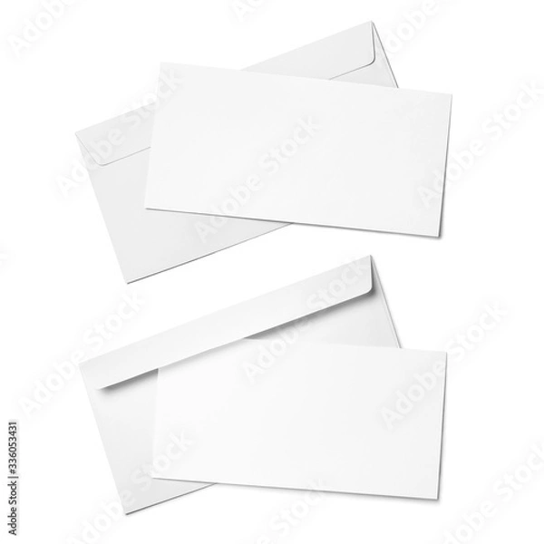 Fototapeta Set of white envelopes with blank paper sheets, isolated on white background