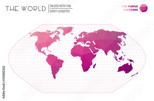 Fototapeta Low poly world map. Eckert V projection of the world. Red-purple colored polygons. Amazing vector illustration.