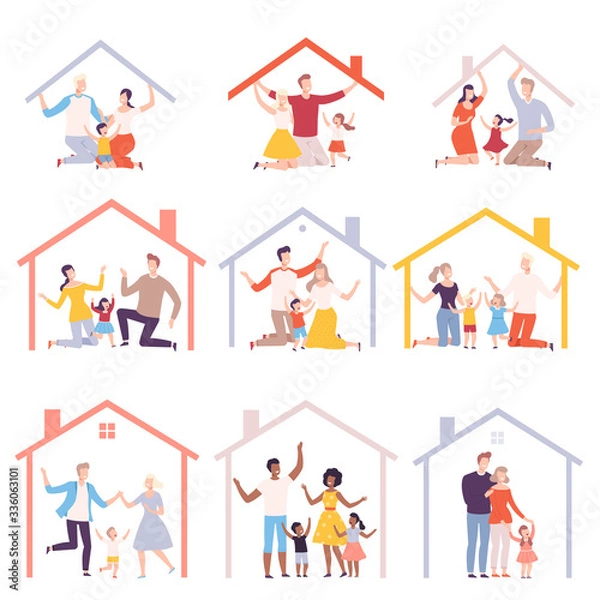 Fototapeta Collection of Smiling Parents and Their Kids at Home, House Frames with Happy Families Inside Vector Illustration