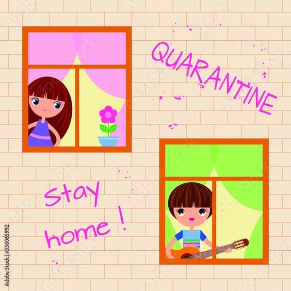 Obraz Vector illustration on the theme of coronavirus pandemic COVID-19 or other infectious outbreaks and epidemics. The girl and boy stays at home during quarantine and look out of their windows.