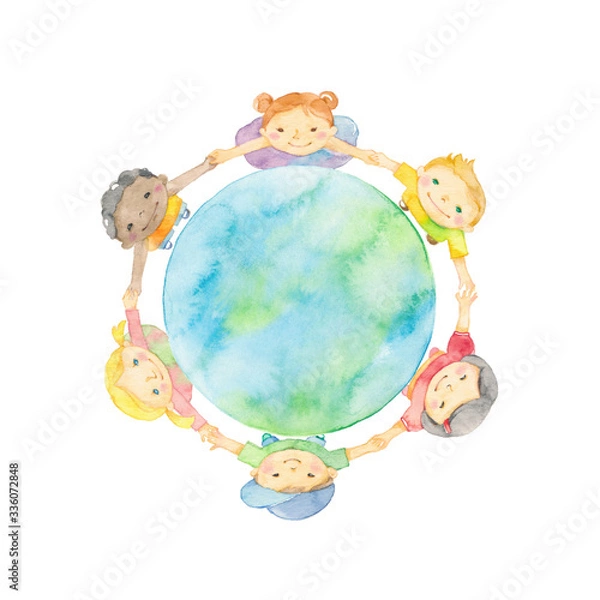 Obraz 手を繋ぐ子どもたちと地球