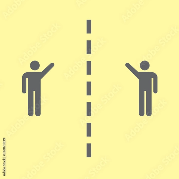 Fototapeta Social distancing pictogram. Two human figures standing straight greeting keeping distance from each other. Separation sign. Personal space barrier dotted line. Clear message of sickness prevention.