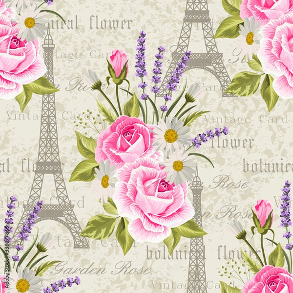 Obraz Seamless floral pattern with Eiffel towers on vintage postcard background. Vector illustration