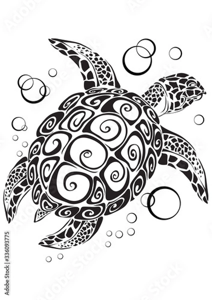 Fototapeta stylized sea turtle in black on a white background, vector illustration,