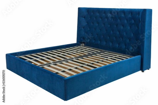 Obraz large blue bed without mattress on a white background