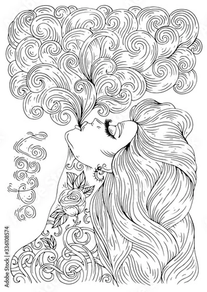 Fototapeta Vector drawing in profile face sexy tattooed woman with long hair, let a pair vaping e-cigarette. Poster vape bar. Pattern smoking girl for coloring page A4. Graphic design card, print on t-shirt 