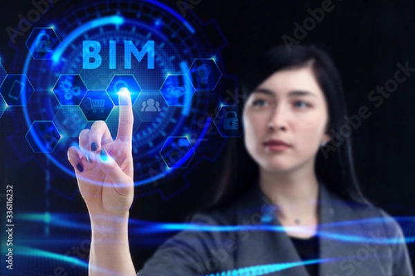 Fototapeta Business, Technology, Internet and network concept. Young businessman working on a virtual screen of the future and sees the inscription: BIM