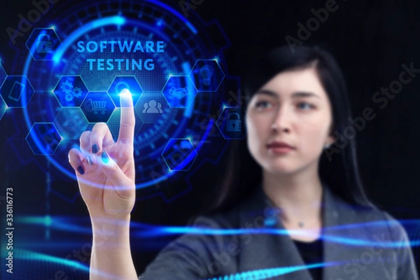 Fototapeta Business, Technology, Internet and network concept. Young businessman working on a virtual screen of the future and sees the inscription: Software testing
