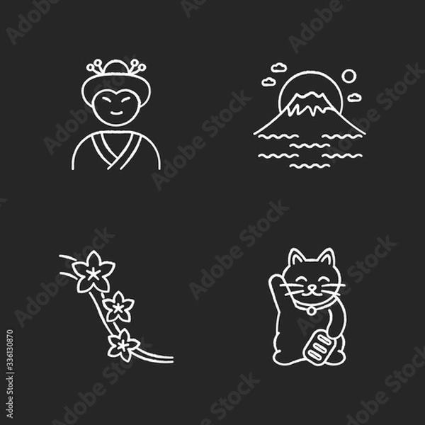 Fototapeta Japan chalk white icons set on black background. Geisha face. Mount Fuji. Sakura tree flowers. Maneki neko. Asian souvenir. Traditional japanese attributes. Isolated vector chalkboard illustrations