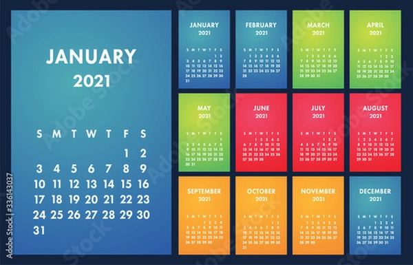 Fototapeta Calendar 2021 vector basic grid. Simple design template. English wall calender