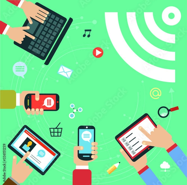 Fototapeta Vector illustration concept Wi-fi. Hands with gadgets and signal reception.