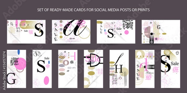 Fototapeta Stock set of vector art colors backgrounds of geometric elements. Modern set of creative cards or posters with lines and dots, letters and convenient compositions