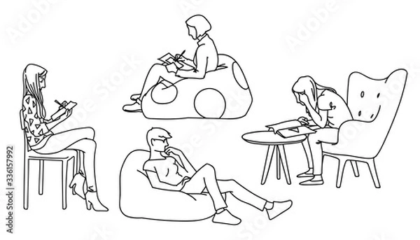 Obraz Women sitting in different poses. Sketch. Vector illustration of various girls sitting on chairs or on pillows in simple line art style isolated on white background. Concept. Monochrome minimalism.
