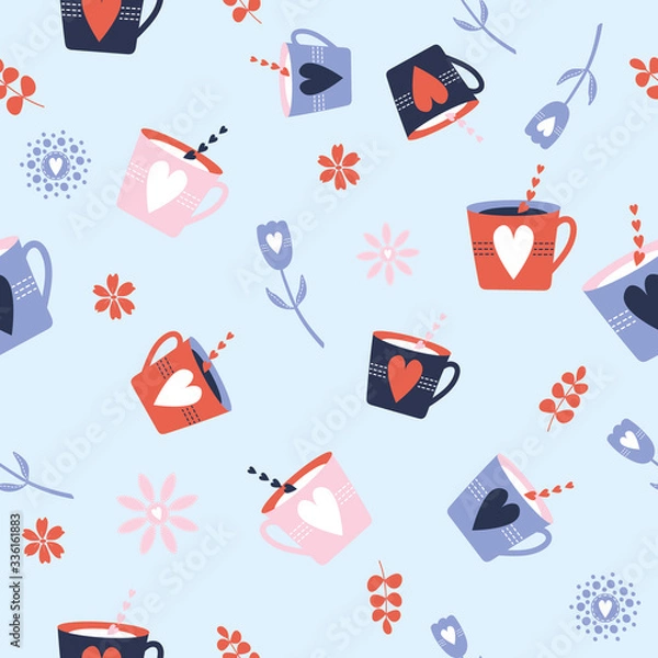 Fototapeta Seamless Vector Pattern with colorful tea and coffee cups and hearts, for decoration, print, stationery, fabric, textile