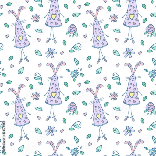 Fototapeta Funny seamless pattern with rabbits for kids Easter cute bunny, abstraсt flowers. Perfect for fabrics print, background, wallpaper. Vector element for your design.