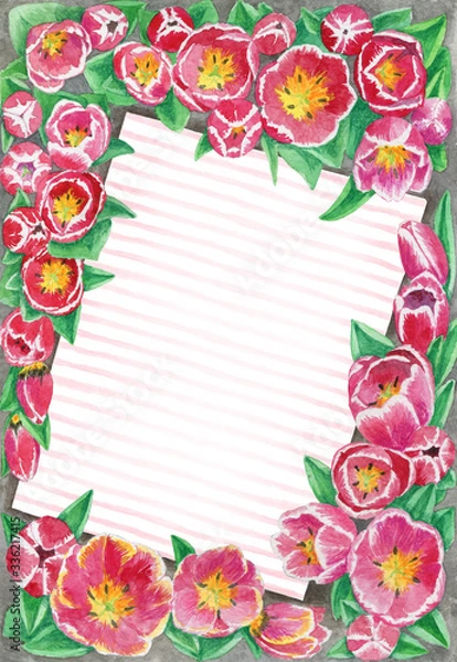 Obraz Watercolor blooming tulips background. Beautiful red flowers frame with striped space for text