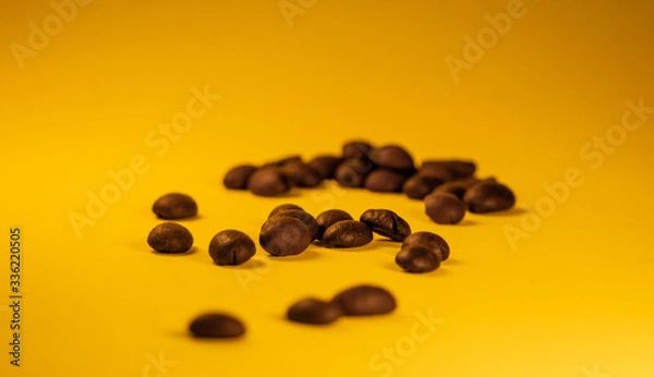 Fototapeta Arabica coffee beans, lying on the yellow gradient texture table