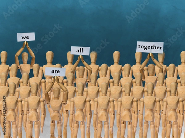 Obraz Wooden mannequin, we are all togather - stands on a white background