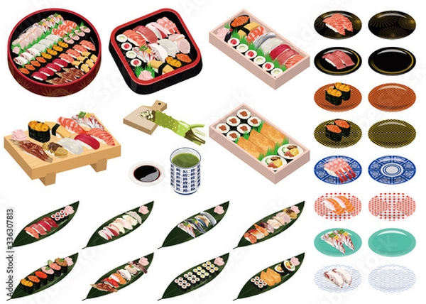 Obraz 食べ物アイコン・イラスト【お寿司】②（にぎり寿司、江戸前寿司、助六寿司、回転すし）