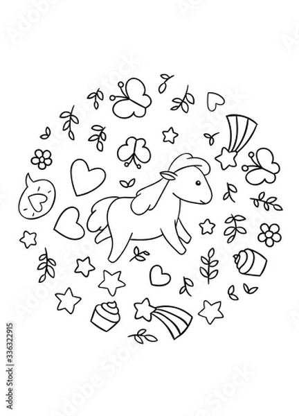 Obraz Coloring pages, black and white cute kawaii hand drawn horse doodles, circle print