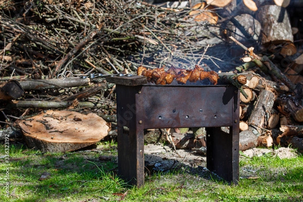 Fototapeta Mongol with barbecue, firewood with an ax in a clearing with green grass