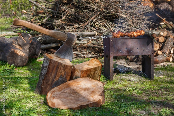 Fototapeta Mongol with barbecue, firewood with an ax in a clearing with green grass