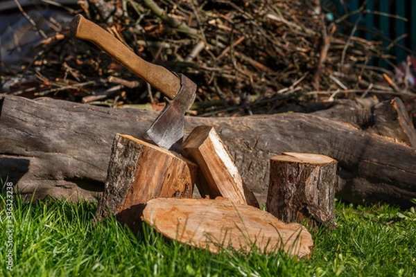 Fototapeta Firewood with an ax in a clearing with green grass