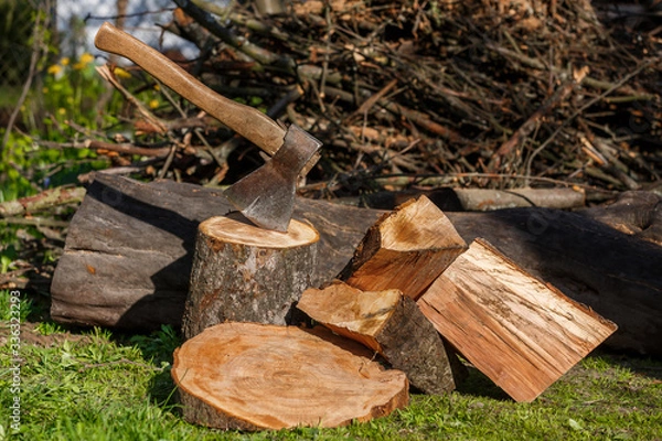 Fototapeta Firewood with an ax in a clearing with green grass
